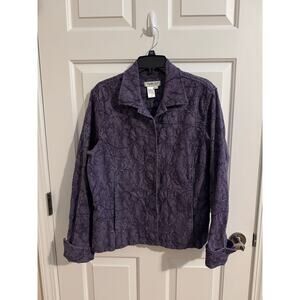 Coldwater Creek Tapestry Floral Cotton Button Up Jacket Pockets Purple Size L